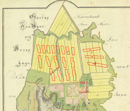 På kartan från år 1815 har jag lagt in den tänkta framtida bebyggelsen.