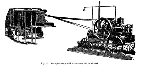 Fotogénlokomobil som driver att tröskverk, ur Nordisk Familjebok.