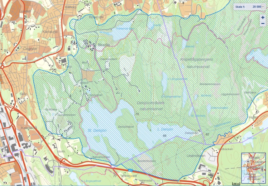 Riksintresset för friluftsliv i Delsjöområdet. Källa: Skyddad natur.